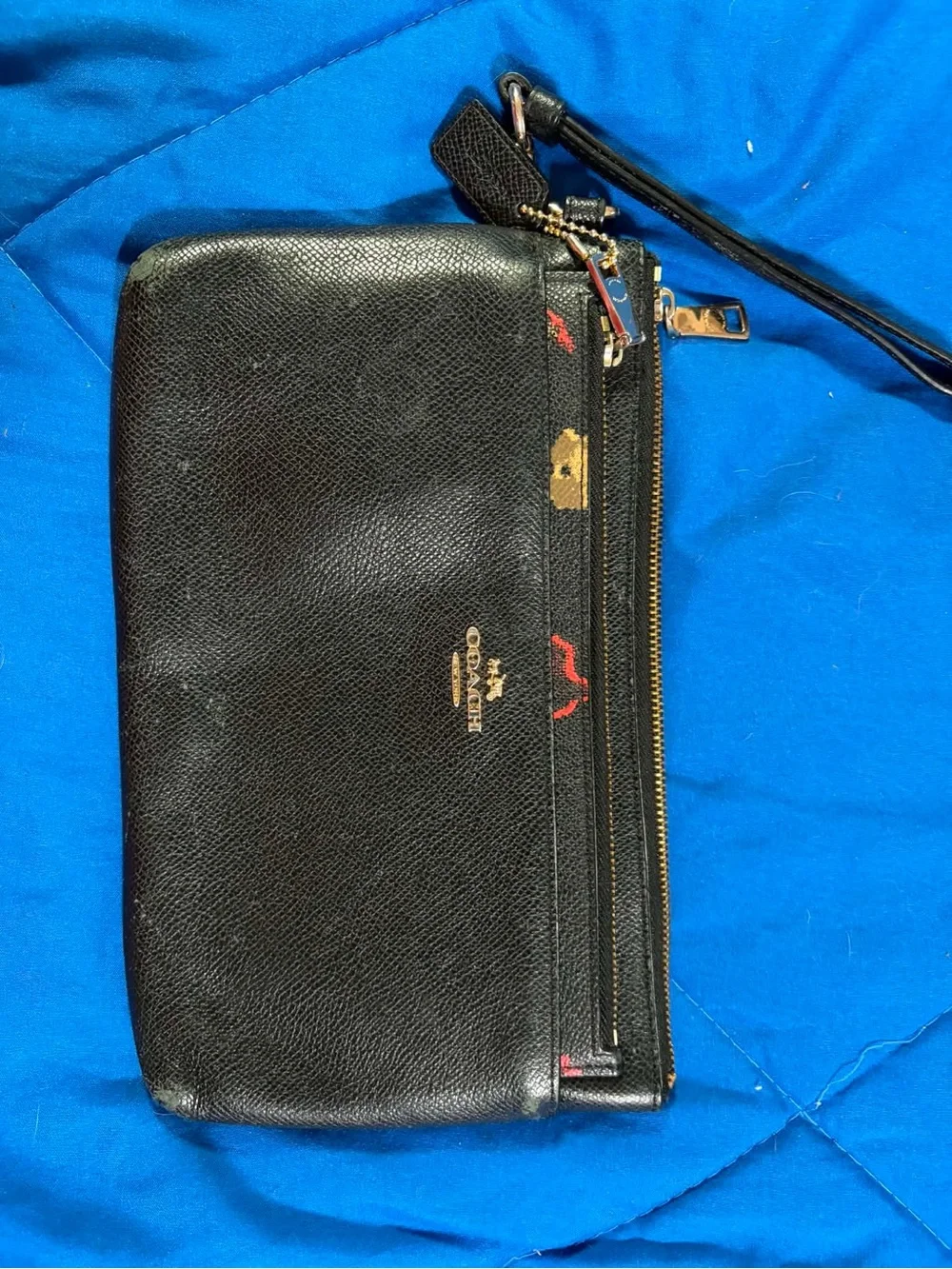 Coach Black Leather Wristlet Set with Red and Gold Floral Pouch